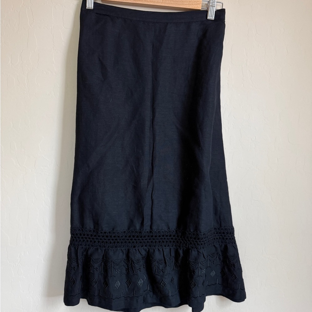 New York & Company Women’s S Black Linen Midi Skirt Size 14 Crochet Trim Boho